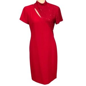 Liz Claiborne Red Beaded Cutout High Neck Short Sleeve Sheath Dress Size 12